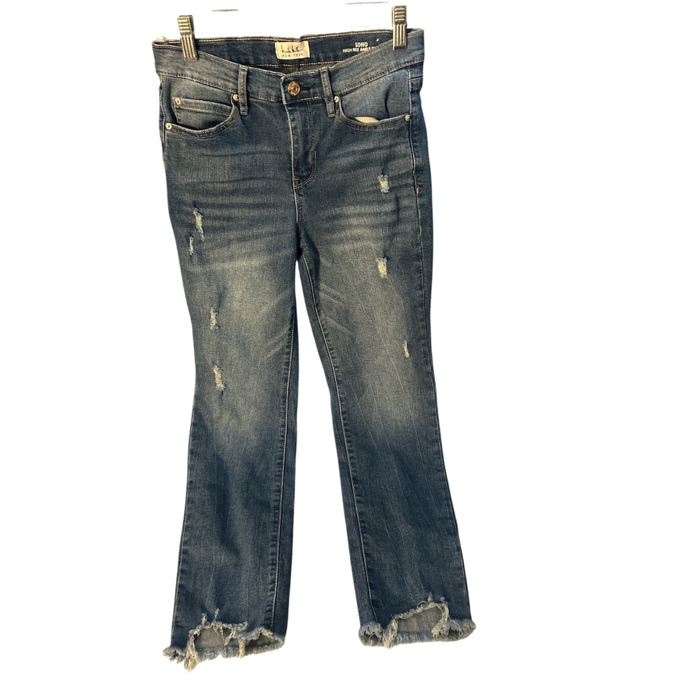 Nicole Miller New York Soho High Rise Ankle Flare Distressed Jeans Medium Wash